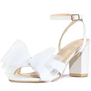 Glitter Heel Mesh Bow Chunky High Heel Sandal White